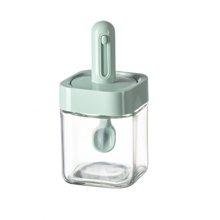 Ustensile de bucatarie - Recipient pentru Depozitarea Condimentelor, Flippy, Borcan din Sticla, Capac si Lingura Incorporate, Uz Casnic, 300 ml, 7.1x7.1x14.8 cm, Verde