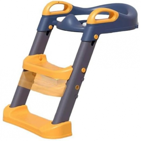 Reductor si Scaunel Inaltator WC, Flippy, pentru Copii 1 - 7 Ani, 2 Trepte Reglabile, Pliabil, Colac Moale, cu Spatar si Manere, Inaltime 54/58 cm x 39.5 x 35 cm, din Plastic+PVC, Albastru/Portocaliu [6]