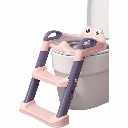 Reductor si Scaunel Inaltator WC, Flippy, pentru Copii 1 - 7 Ani, 2 Trepte Reglabile, Pliabil, Colac Moale, cu Spatar si Manere, Inaltime 54/58 cm x 39.5 x 35 cm, din Plastic+PVC, Roz/Mov [3]