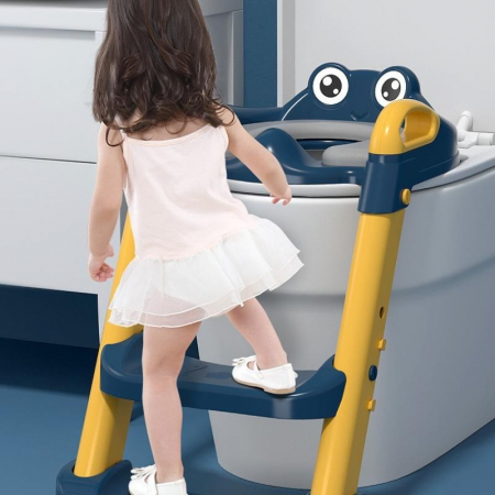 Reductor si Scaunel Inaltator WC, Flippy, pentru Copii 1 - 7 Ani, 2 Trepte Reglabile, Pliabil, Colac Moale, cu Spatar si Manere, Inaltime 54/58 cm x 39.5 x 35 cm, din Plastic+PVC, Albastru/Portocaliu [2]