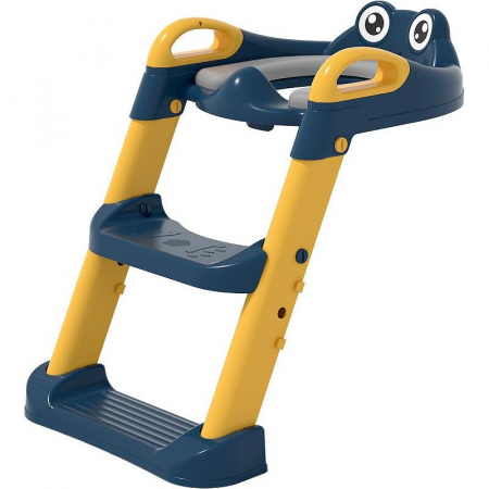 Pentru Casa si Camping - Reductor si Scaunel Inaltator WC, Flippy, pentru Copii 1 - 7 Ani, 2 Trepte Reglabile, Pliabil, Colac Moale, cu Spatar si Manere, Inaltime 54/58 cm x 39.5 x 35 cm, din Plastic+PVC, Albastru/Portocaliu
