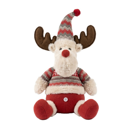 Sub 99 Lei - Ren De Plus Festiv, Flippy, Ren cu Nas Rosu si Pulover, Decoratiune De Craciun, Ornament De Pus Pe Polita Sau Sub Brad, 38 cm, Multicolor