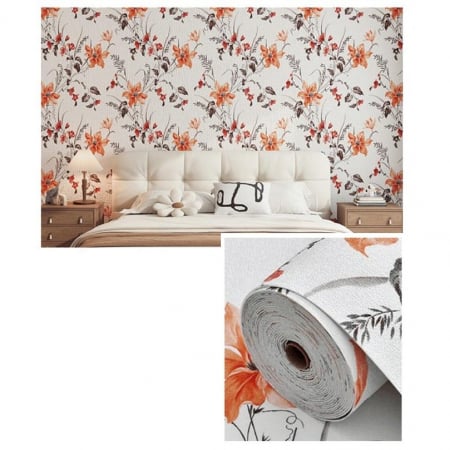 Pentru Casa si Camping - Rola Autoadeziva pentru Perete, Flippy, din Panza, 10 m, Rezistenta la Umezeala, 2.5 mm Grosime, Model Flori, Portocaliu
