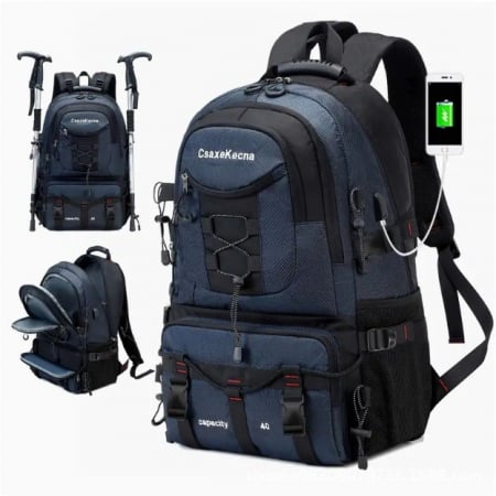 Pentru Casa si Camping - Rucsac Multifunctional de Alpinism, Flippy, Capacitate 36-55 L, de Calatorie, Impermeabil, Slot USB Incarcare Telefon, Bretele Reglabile, 52 x 34 x 19 cm, Albastru