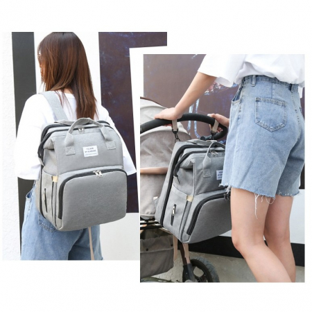 Rucsac Multifunctional pentru Mamici, Flippy, cu Patut Pliabil si Baza de Schimbat, Rezistent la Apa, Capacitate Mare, Usor, Compartimente Multiple, Buzunar Termic pentru Lapte, 42 x 32 x 22 cm, Gri [10]