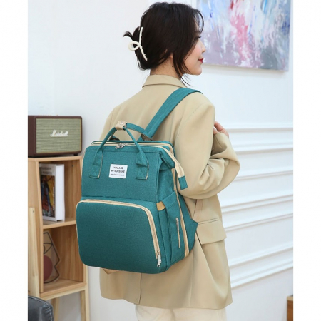 Rucsac Multifunctional pentru Mamici, Flippy, cu Patut Pliabil si Baza de Schimbat, Rezistent la Apa, Capacitate Mare, Usor, Compartimente Multiple, Buzunar Termic pentru Lapte, 42 x 32 x 22 cm, Verde [1]
