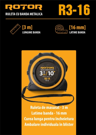 Nivele, telemetre și instrumente de măsură - Ruleta 3m x 16mm ROTOR R3-16, Curea de mana, Auto-blocare