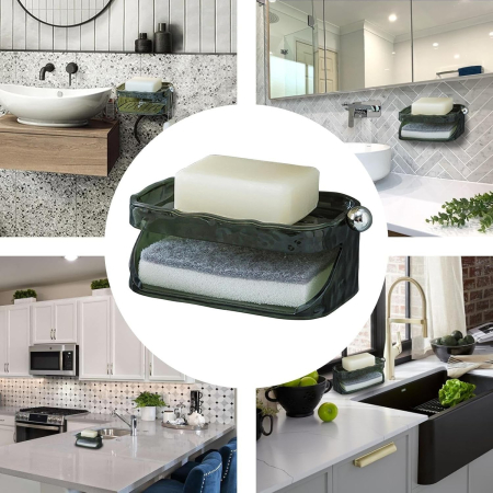 Savoniera Dubla, Flippy, 2 Straturi, Instalare fara Perforare, Agatatoare Burete, 13.5 x 8.5 x 6 cm, Verde Inchis [4]