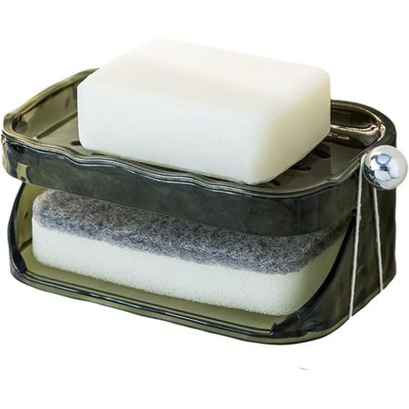 Pentru Casa si Camping - Savoniera Dubla, Flippy, 2 Straturi, Instalare fara Perforare, Agatatoare Burete, 13.5 x 8.5 x 6 cm, Verde Inchis