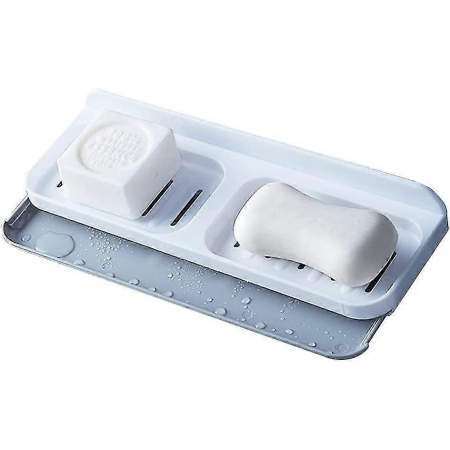 Pentru Casa si Camping - Savoniera Dubla, Flippy, de Perete, cu Compartiment de Scurgere, Montare prin Lipire, 26 x 8 x 4 cm, Alb/Gri