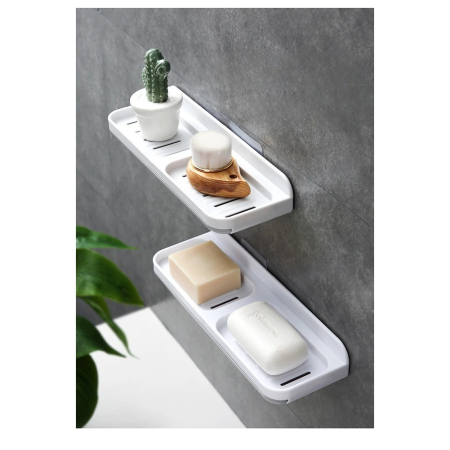 Savoniera Dubla, Flippy, de Perete, cu Compartiment de Scurgere, Montare prin Lipire, 26 x 8 x 4 cm, Alb/Gri [2]