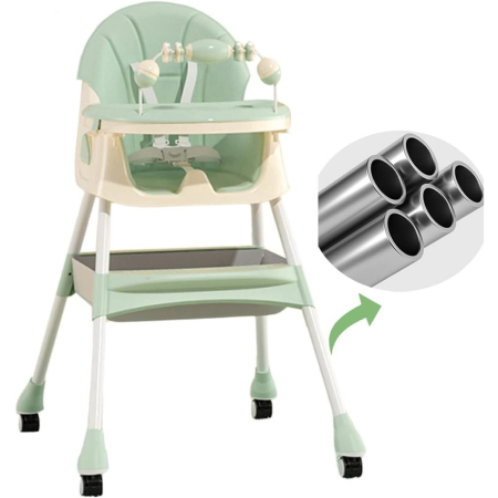 Scaun de Masa 2in1, Flippy, pentru Copii de la 6 luni - 5 Ani, Inaltime Reglabila, Centura in 5 Puncte, Tava de Masa, Roti cu Frana, Cos Depozitare, Jucarie Inclusa, 94 x 78 x 60 cm, Verde [3]