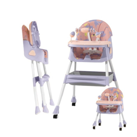 Scaun de Masa 2in1, Flippy, pentru Copii de la 6 luni - 5 Ani, Inaltime Reglabila, Centura in 5 Puncte, Tava de Masa, Roti cu Frana, Cos Depozitare, Jucarie Inclusa, 94 x 78 x 60 cm, Roz/Mov [2]