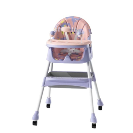Jucarii, Copii & Bebe - Scaun de Masa 2in1, Flippy, pentru Copii de la 6 luni - 5 Ani, Inaltime Reglabila, Centura in 5 Puncte, Tava de Masa, Roti cu Frana, Cos Depozitare, Jucarie Inclusa, 94 x 78 x 60 cm, Roz/Mov