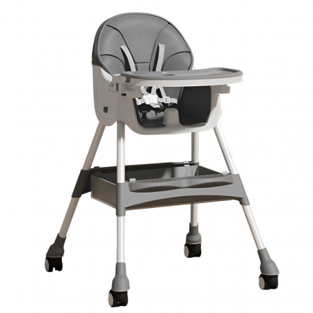 Jucarii, Copii & Bebe - Scaun de Masa pentru Bebelusi si Copii, Flippy, cu Roti, Telescopic, Pliabil, Masuta Reglabila, Suport Picioare, Scaun cu Invelis Piele Artificiala, Centura Siguranta, Spatiu Depozitare, 97x73x65 cm, 