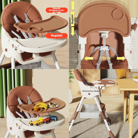 Scaun de masa pentru bebelusi si copii Flippy, cu roti, telescopic, pliabil, masuta reglabila, suport picioare, scaun invelis piele artificiala, centura siguranta, spatiu depozitare, 97 x 73 x 65 cm,  [2]