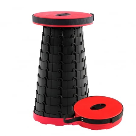 Mobilier camping - Scaun Telescopic Pliabil pentru Camping si Pescuit, Flippy, Portabil, Universal, Sustine 150 kg, ABS, Diametru 25 cm, Extensibil, Inaltime 45 cm, Rosu-Negru