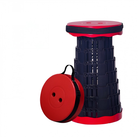 Scaun Telescopic Pliabil pentru Camping si Pescuit, Flippy, Portabil, Universal, Sustine 150 kg, ABS, Diametru 25 cm, Extensibil, Inaltime 45 cm, Rosu-Negru [2]