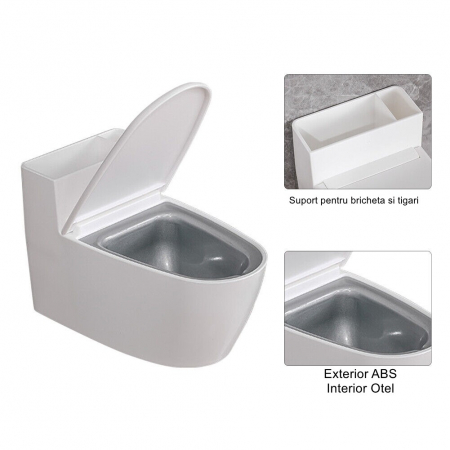 Scrumiera creativa Flippy, Forma de Toaleta, Capac Alb , Material ABS si Otel Inoxidabil, 12.5 x 10 x 8 cm, Fixare prin Lipire sau De Sine Statator, pentru Baie, Camera, Bucatarie, Balcon, Alb, model  [7]