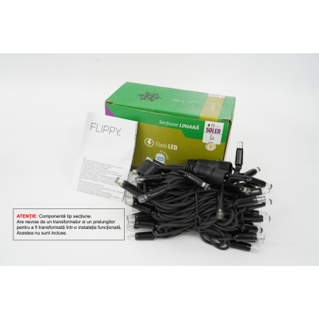 Pentru Casa si Camping - Sectiune Instalatie de Craciun Flippy Tip Liniara, cu Flash, 5 m, 50 LED-uri, Interconectabila, Fir Negru, Alb-Cald