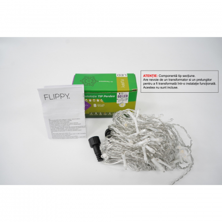 Decoratiuni, ornamente si articole Craciun - Sectiune Instalatie de Craciun Flippy Tip Perdea, 8 jocuri de lumini, 1x1 m, 60 LED-uri, Interconectabila, Fir Transparent, Alb Cald