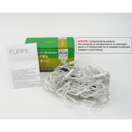 Pentru Casa si Camping - Sectiune Instalatie de Craciun Flippy Tip Perdea, 8 jocuri de lumini, 1x1 m, 60 LED-uri, Interconectabila, Fir Transparent, Alb Rece