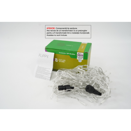 Pentru Casa si Camping - Sectiune Instalatie de Craciun Flippy Tip Perdea, 8 jocuri de lumini, 2m x1 m, 120 LED-uri, Interconectabila, Fir Transparent, Alb Rece