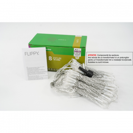 Pentru Casa si Camping - Sectiune Instalatie de Craciun Flippy Tip Perdea, 8 jocuri de lumini, 2m x2 m, 240 LED-uri, Interconectabila, Fir Transparent, Alb-cald