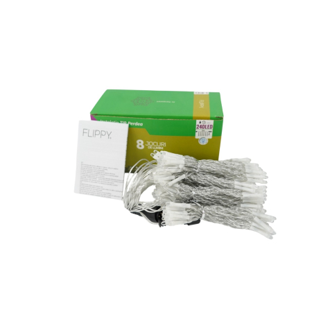 Sectiune Instalatie de Craciun Flippy Tip Perdea, 8 jocuri de lumini, 2m x2 m, 240 LED-uri, Interconectabila, Fir Transparent, Alb-Rece [1]