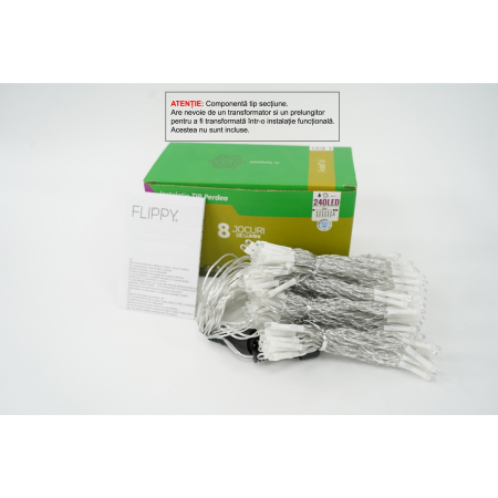 Pentru Casa si Camping - Sectiune Instalatie de Craciun Flippy Tip Perdea, 8 jocuri de lumini, 2m x2 m, 240 LED-uri, Interconectabila, Fir Transparent, Alb-Rece