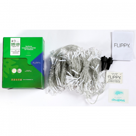 Decoratiuni, ornamente si articole Craciun - Sectiune Instalatie de Craciun Flippy Tip Perdea, cu 8 jocuri de lumini, 3 m x 3 m, 320 LED-uri, Interconectabila, Fir Transparent, Alb Cald