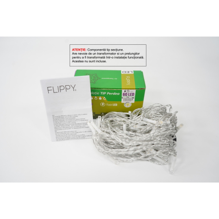 Pentru Casa si Camping - Sectiune Instalatie de Craciun Flippy Tip Perdea, cu Flash, 1 m x 1 m, 60 LED-uri, Interconectabila, Fir Transparent, Alb-cald
