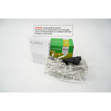 Pentru Casa si Camping - Sectiune Instalatie de Craciun Flippy Tip Perdea, cu Flash, 1 m x 1 m, 60 LED-uri, Interconectabila, Fir Transparent, Alb-Rece