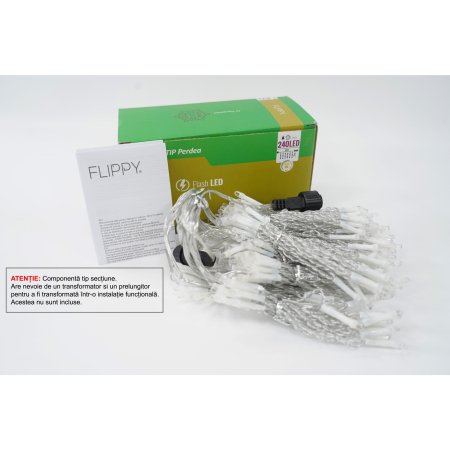Accesorii si componente craciun - Sectiune Instalatie de Craciun Flippy, Tip Perdea, cu Flash ,2 X 2 m, 240 LED-uri, Interconectabila, Fir Transparent, Alb Cald