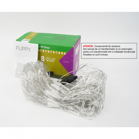 Pentru Casa si Camping - Sectiune Instalatie de Craciun Flippy, Tip Plasa, 120 LED-uri, 1.5 x 1.5 m, 8 jocuri de lumini, Interconectabila, Fir transparent, Alb rece