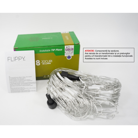 Sectiune Instalatie de Craciun Flippy, Tip Plasa, 120 LED-uri, 1.5 x 1.5 m, 8 jocuri de lumini, Interconectabila, Fir transparent, Albastru [0]