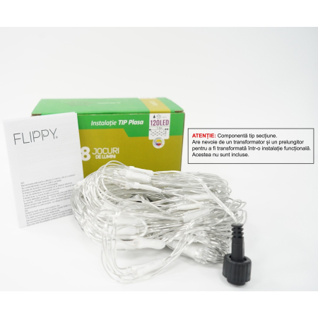 Sectiune Instalatie de Craciun Flippy, Tip Plasa, 120 LED-uri, 1.5 x 1.5 m, 8 jocuri de lumini, Interconectabila, Fir transparent, Multicolor [0]