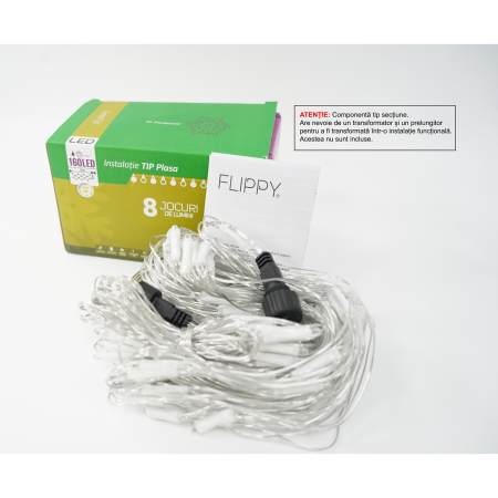 Sectiune Instalatie de Craciun Flippy, Tip Plasa, 160 LED-uri, 2 m x 2 m, 8 jocuri de lumini, Interconectabila, Fir transparent, Alb cald [0]