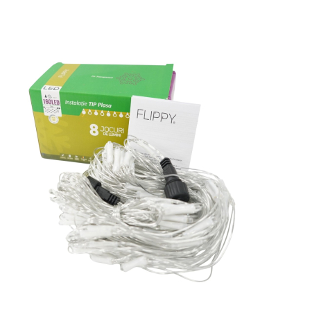 Sectiune Instalatie de Craciun Flippy, Tip Plasa, 160 LED-uri, 2 m x 2 m, 8 jocuri de lumini, Interconectabila, Fir transparent, Alb cald [4]
