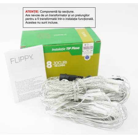 Sectiune Instalatie de Craciun Flippy, Tip Plasa, 160 LED-uri, 2 m x 2 m, 8 jocuri de lumini, Interconectabila, Fir transparent, Albastru [0]
