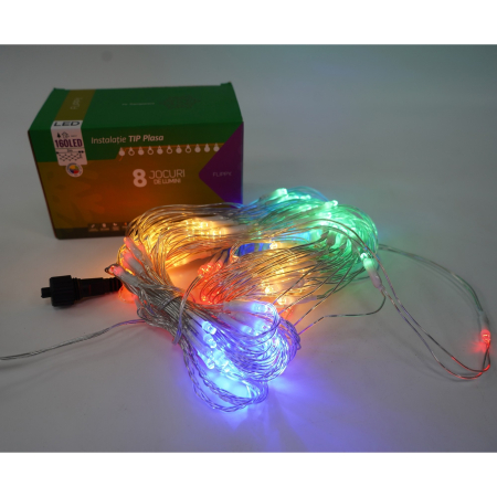 Sectiune Instalatie de Craciun Flippy, Tip Plasa, 160 LED-uri, 2 m x 2 m, 8 jocuri de lumini, Interconectabila, Fir transparent, Multicolor [3]