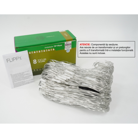 Sectiune Instalatie de Craciun Flippy, Tip Plasa, 320 LED-uri, 3 m x 3 m, 8 jocuri de lumini, Interconectabila, Fir transparent, Alb rece [0]