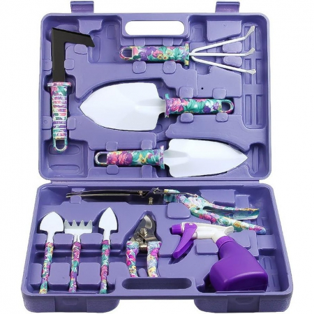 Gradina - Set 10 accesorii pentru gradinarit Flippy, geanta depozitare inclusa, otel inoxidabil, 37 x 28 cm, mov