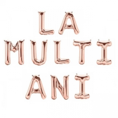 Articole petrecere - Set 10 Baloane din Folie Metalizata, Flippy, Figurine Litere, Model La multi ani, Tema Aniversare, 40 cm, Ambalaj Individual, Pai Inclus, Umflare cu Aer sau Heliu, Bej