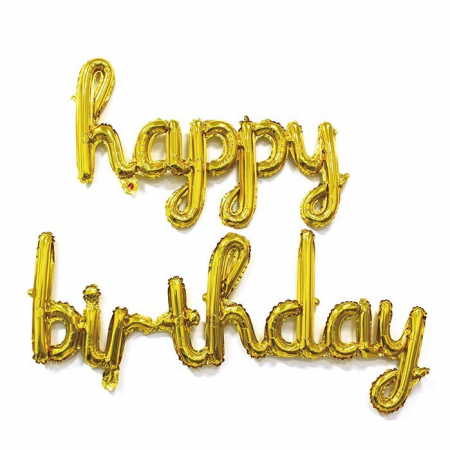 Articole petrecere - Set 10 Baloane din Folie Metalizata, Flippy, Figurine Litere, Model Scris de Mana Happy Birthday, Tema Aniversare, 40 cm, Ambalaj Individual, Pai Inclus, Umflare cu Aer sau Heliu, Auriu