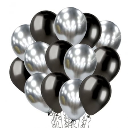 Articole petrecere - Set 10 Baloane din Latex Chrome, Flippy, Model Party, 23 cm, Negru Argintiu, 2.2 g