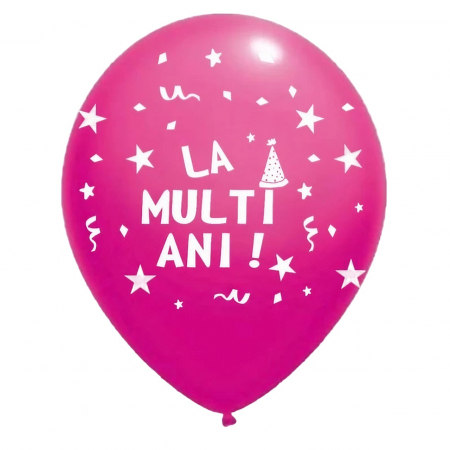 Articole petrecere - Set 10 Baloane din Latex, Flippy, Model Party, La Multi Ani, 23 cm, Roz, 2.2 g