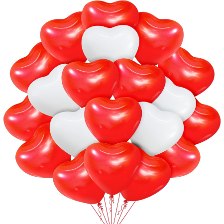 Articole petrecere - Set 10 Baloane, Flippy, Model Inima, din Latex, 25 cm, Alb/Rosu