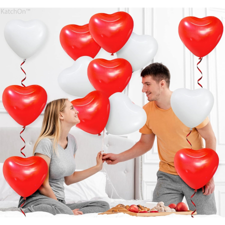 Set 10 Baloane, Flippy, Model Inima, din Latex, 25 cm, Alb/Rosu [1]