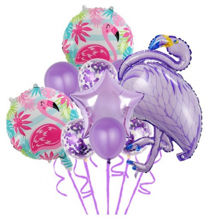 Articole petrecere - Set 10 Baloane Folie si Latex Flamigo Party, 60 -90 cm, Mov